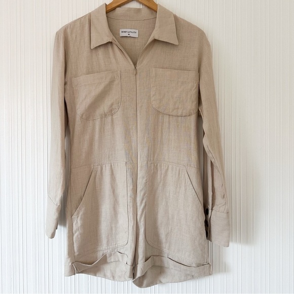 Rivet Utility Linen Romper/Oatmeal Line Beige/long sleeve/ Pocket Front - Picture 9 of 14